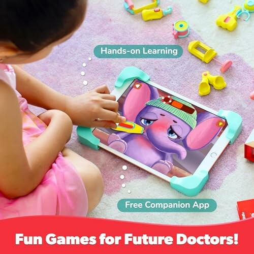 Child playing educational game on a tablet with toy doctor tools around.