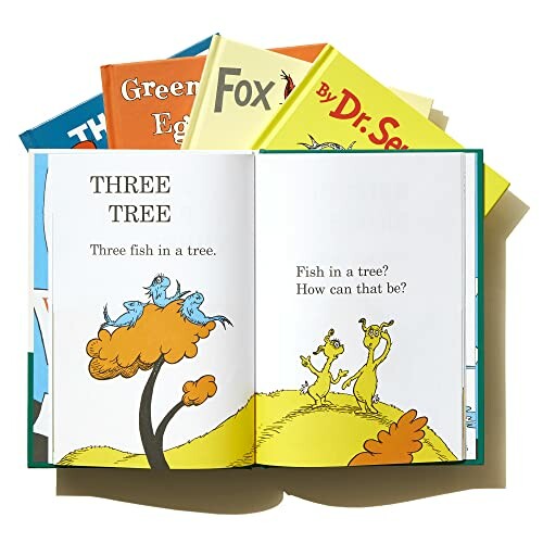 Open Dr. Seuss book showing an illustration of fish and a tree.