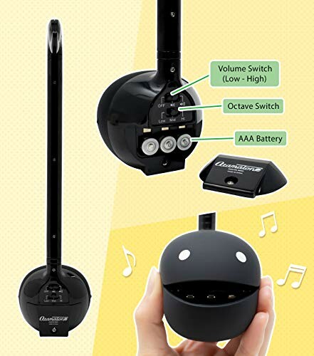Diagram of an electronic musical instrument showing volume switch, octave switch, and battery compartment.