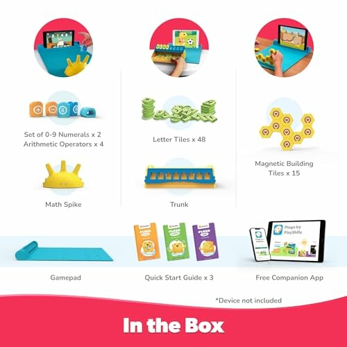 Contents of interactive learning toy including numerals, letter tiles, building tiles, math spike, trunk, gamepad, guide, and app.