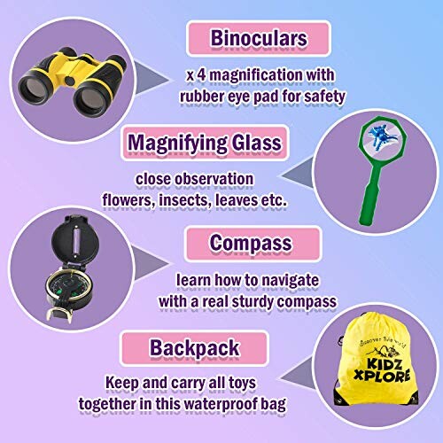 Children's explorer kit with binoculars, magnifying glass, compass, and backpack.