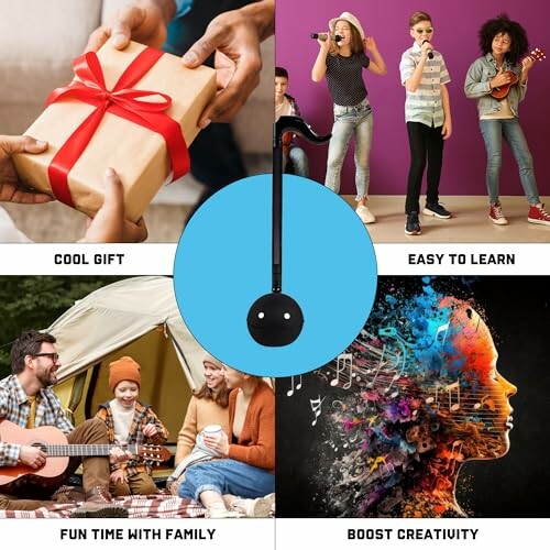 Collage of a gift, kids playing instruments, family camping, and artistic face with music notes.