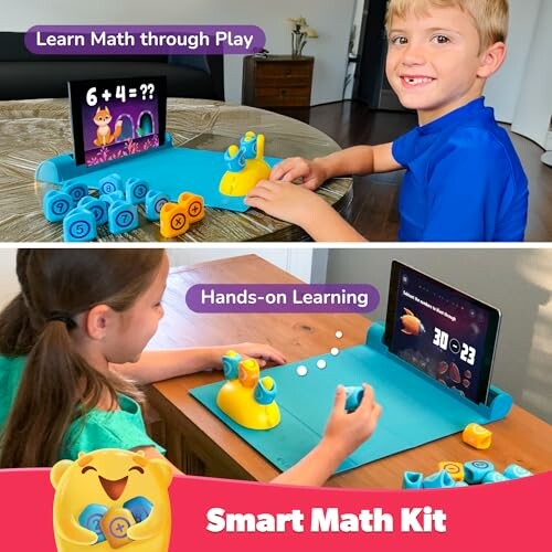 Children using a smart math kit with interactive learning tools and a tablet.