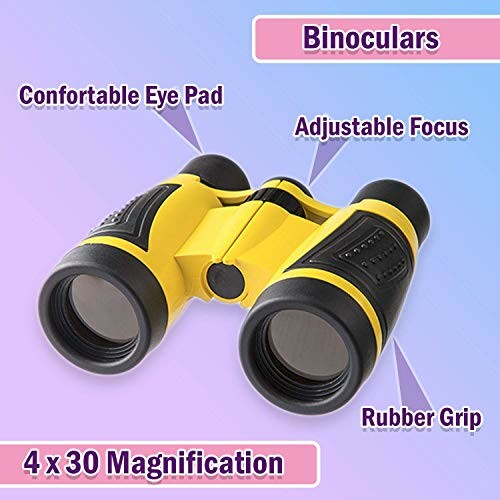 Yellow binoculars with comfortable eye pad, adjustable focus, rubber grip, 4x30 magnification.